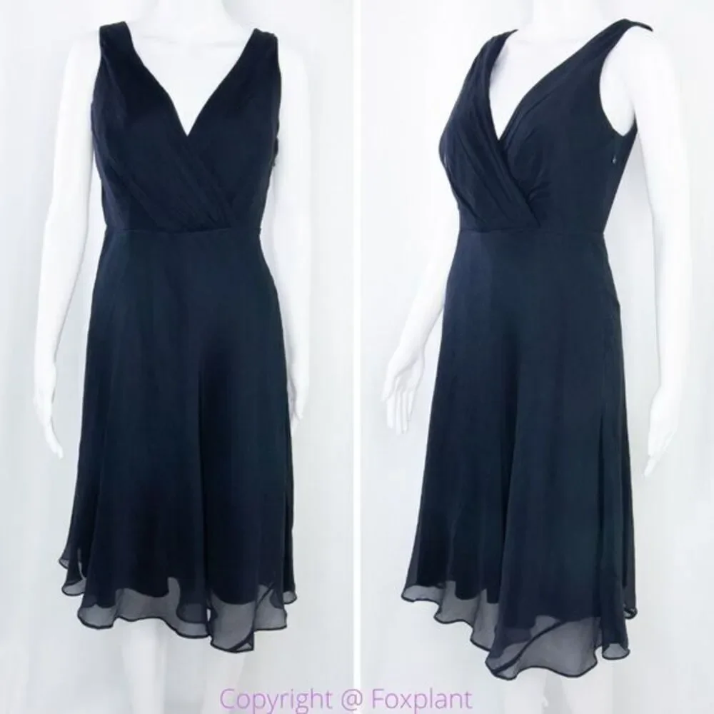 Jcrew 100% silk asymmetric hem V neck navy blue midi dress, size 2‎